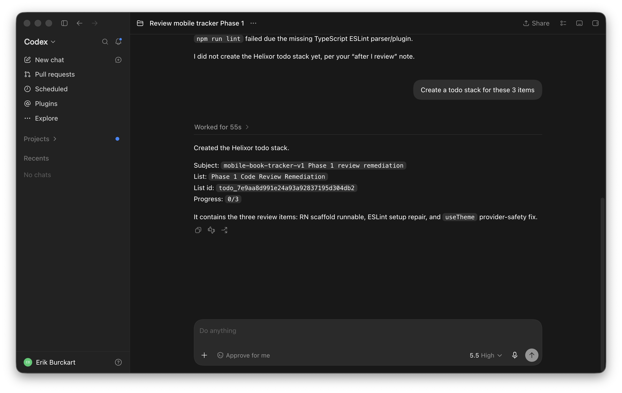 Codex creating a durable Helixor TODO stack from code review findings