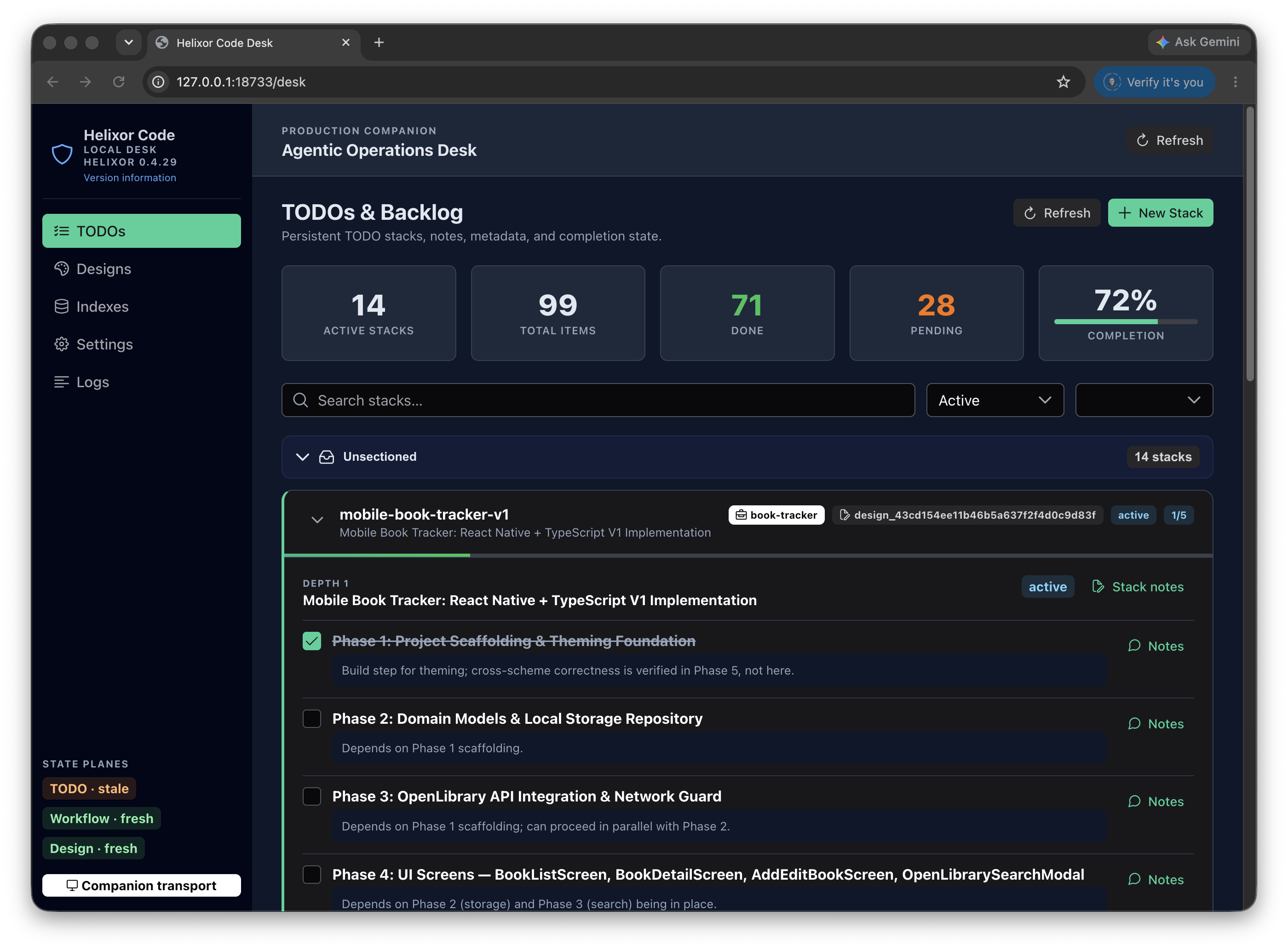 Helixor Local Desk displaying active stacks, phase status, and state planes