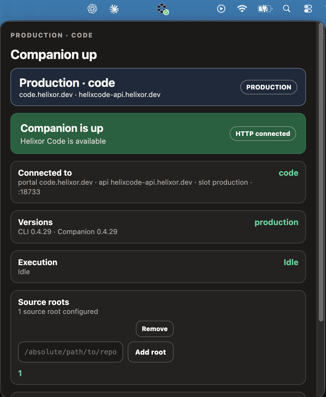 Helixor Code macOS Tray Status